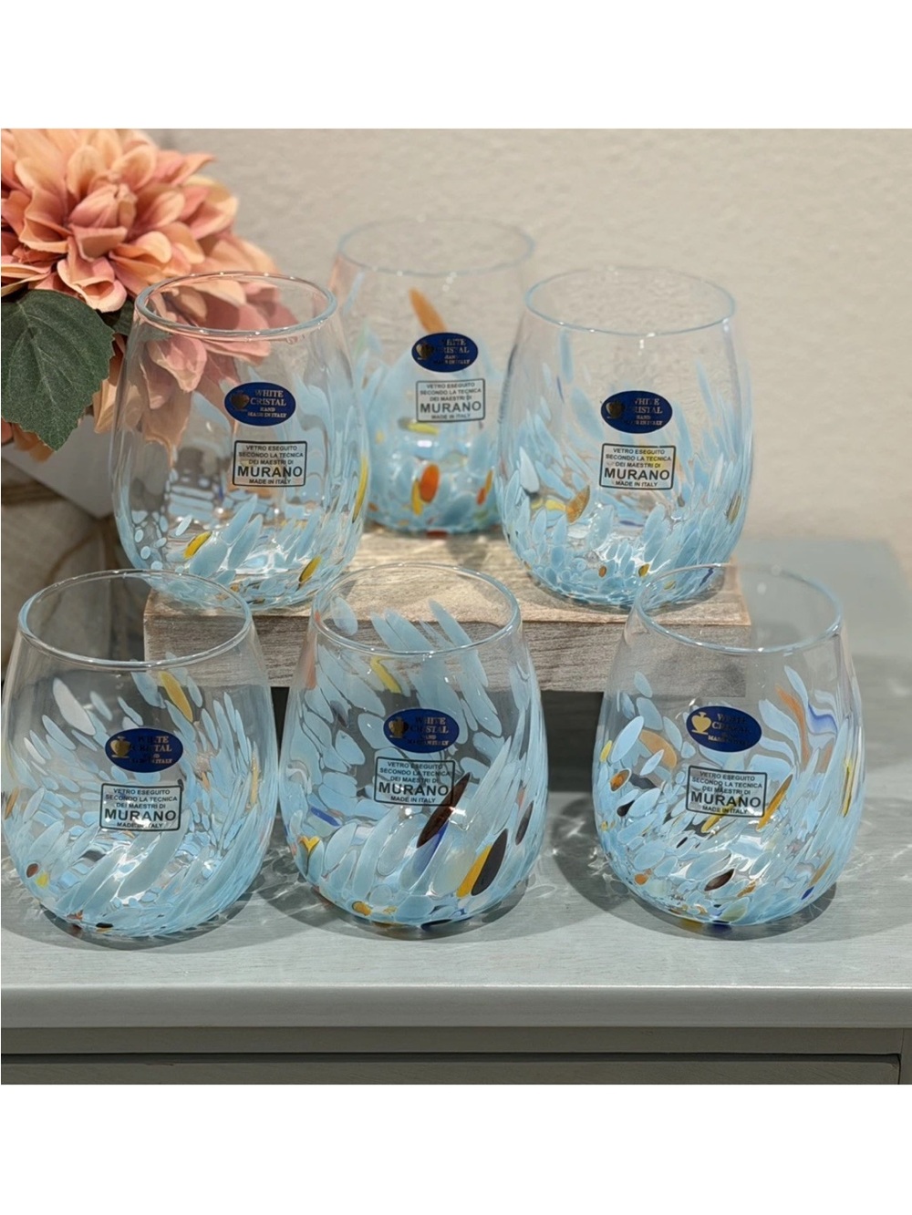 6 White Cristal Murano Sky Blue
Confetti Stemless Wine Glasses. Made in Italy